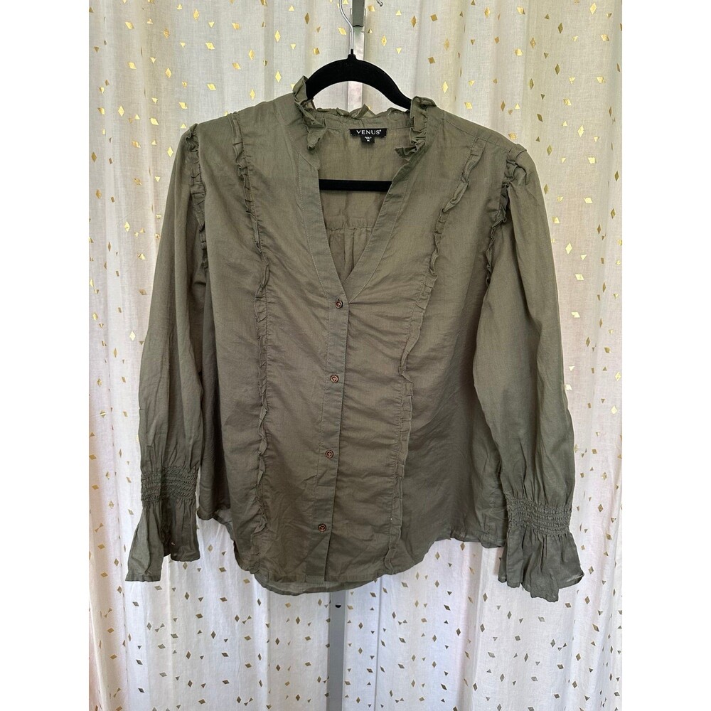 Venus Semi Sheer Olive Green Ruffled V-Neckline Smocked Cuffs Blouse M